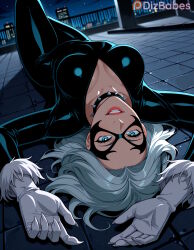 1girl 1girls ai_generated arms_up black_bodysuit black_cat_(marvel) black_cat_(spider-man:_the_animated_series) blue_eyes bodysuit choker dizbabes felicia_hardy female_only gloves lipstick long_hair looking_at_viewer lying makeup marvel marvel_comics mask night on_back outdoors parted_lips rooftop smile solo_female spider-man:_the_animated_series spider-man_(series) spiked_collar stable_diffusion superheroine upside-down upside_down white_gloves white_hair
