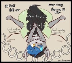 after_orgasm_torture anthro beanie big_butt black_hair blue_hair butt clothing dialogue duo ear_piercing fellatio female green_body grey_body hair hat headgear headwear holding_head looking_pleasured male male/female motion_lines oral orange_eyes overstimulation penile piercing raised_leg sex spread_legs spreading zoul zoul_illustration