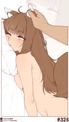 1boy 1girl absurdres animal_ear_fluff animal_ears ass blunt_bangs blush breast_press breasts brown_hair commentary completely_nude english_commentary hand_on_another's_ear hand_on_another's_head headpat highres holo implied_sex likunea long_hair nude one_eye_closed patreon_logo patreon_username pillow red_eyes sidelocks simple_background small_breasts solo_focus spice_and_wolf tail twitter_username twitter_x_logo wolf_ears wolf_girl wolf_tail zoom_layer