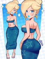 1girls wiluma princess_rosalina mario_(series) nintendo blonde_hair tied_hair sparkles earrings ear_piercing star_earrings blue_eyes curvy curvaceous half-closed_eyes hair_over_one_eye bimbo bimbo_lips thick_lips lips big_lips parted_lips blue_lips blue_lipstick lipstick blush big_breasts breasts hips wide_hips thighs legs high_heels heels footwear purple_toenails purple_toenail_polish toenail_polish toenails big_ass ass ass_shot looking_back sideboob side_view close-up solo_female female solo female_only alternate_version_available tubetop cleavage blue_tube_top long_skirt skirt ass_in_dress