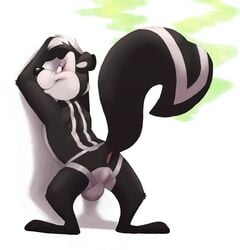 ass blush bulge clothing jockstrap looney_tunes male male_only mammal mephitid pepe_le_pew presenting presenting_hindquarters skunk smile smooth_fur spread_legs spreading underwear warner_brothers