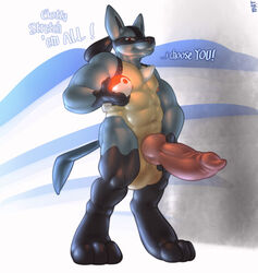 animal_genitalia balls big_balls erection hyper hyper_penis lucario male male_only masturbation mot muscular nintendo nipples penile_masturbation penis pokéball pokemon pokemon_(species) simple_background solo video_games