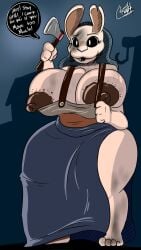 the_huntress_(dead_by_daylight) mask masked lunnybunny female female_only text text_bubble dead_by_daylight human breasts nipple_slip axe black_eyes white_pupils black_hair bunny_ears bunny_mask thighs night night_sky black_lipstick black_lips clothed