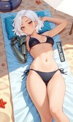 ai ai_art ai_generated alixx_nswf beach belle_(brawl_stars) big_breasts bikini brawl_stars breasts mechanical_arm sexy sexy_pose short_hair supercell white_hair