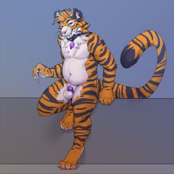 2023 anthro balls black_body black_fur blue_eyes chastity_cage chastity_device collar countershade_balls countershade_crotch countershade_feet countershade_genitalia countershade_hands countershade_neck countershade_torso countershading fangs feet felid fur genitals hi_res key looking_at_viewer male male_anthro mammal mintyderg nude nude_anthro nude_male orange_body orange_fur pantherine sabertooth_(anatomy) slightly_chubby slightly_chubby_anthro slightly_chubby_male solo standing striped_body striped_fur stripes tail teeth tiger whiskers white_body white_fur