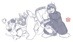 2boys all_fours anal anal_insertion anus ball_gag balls bara bowser crossover cum full_body gag greyscale king_dedede kirby_(series) looking_at_another male male_only mario_(series) masturbation monochrome multiple_boys nintendo penis simple_background standing super_smash_bros. testicles thatpuggy yaoi