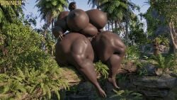 zuri_(dinner-kun) giantess dinner-kun ashley_winstead dark-skinned_female light-skinned_female jungle sitting walking breasts_bigger_than_head gigantic_breasts gigantic_thighs muscular_arms muscular_legs