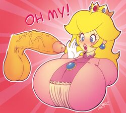 1boy 1girls blonde_hair bowser breasts bumpy_penis dress elbow_gloves gloves huge_breasts huge_cock huge_penis human mario_(series) nintendo penis penis_awe princess_peach teer text