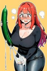 ai_generated mouth_open cum cum_in_hand glasses off-shoulder sweater large_breasts cleavage thick_thighs wide_hips red_hair amber_eyes blush blushing food_censorship food foodplay cucumber handjob sweating aroused pearl_necklace plain_background long_hair bangs tight_clothing jeans