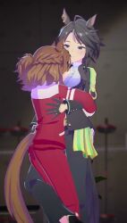 2girls 3d ahoge animal_ears animated between_breasts black_gloves black_hair black_jacket black_necktie black_pants braid breasts center_frills center_opening commentary coolchouzhao ear_ornament ear_piercing english_commentary face_between_breasts frilled_shirt frills fuji_kiseki_(shooting_star_revue)_(umamusume) fuji_kiseki_(umamusume) gloves half_gloves half_up_braid half_up_half_down_braid head_between_breasts highres horse_ears horse_girl horse_tail jacket jungle_pocket_(umamusume) leg_lock medium_hair motorboating multicolored_hair multiple_girls necktie pants piercing red_jacket red_track_suit shirt standing_leg_lock tagme tail tracen_training_uniform track_jacket track_pants track_suit umamusume video yuri