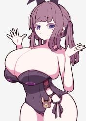 1girls black_ribbon blue_eyes breasts brown_hair cevio cleavage closed_mouth colored_eyelashes expressionless fat_breasts grey_background hands_up huge_breasts leotard looking_at_viewer mole mole_under_eye natsuki_karin playboy_bunny q6akira ribbon simple_background skindentation solo strapless strapless_leotard synthesizer_v twintails