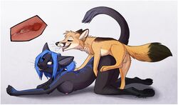 anthro aseethe black_nose blue_hair canine claws duo feline female feral fox hair male mammal open_mouth pawpads paws sex simple_background straight teeth tongue zoophilia