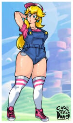 blonde_hair blue_eyes blue_overalls breasts clothed coolranchdummy ear_piercing eyelashes front_view hand_behind_head long_hair mario_(series) overalls pink_shoes pink_topwear princess_peach tan_skin thick_thighs thigh_high_socks thigh_squish white_border white_socks wide_hips