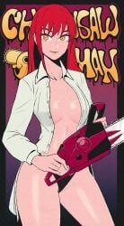 1girls breasts chainsaw chainsaw_man cleavage female female_only jeffmiga1 makima_(chainsaw_man) open_clothes open_shirt red_hair solo thick_thighs thong