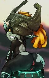 anus armor big_butt black_body blonde_hair blue_markings butt coolranchdummy eyelashes female genitals grey_body hair headgear helmet hi_res humanoid humanoid_pointy_ears imp looking_at_viewer looking_back looking_back_at_viewer markings midna nintendo one_eye_obstructed orange_eyes pink_anus pink_vulva pointy_ears ponytail rear_view shortstack sitting smile snaggle_tooth solo the_legend_of_zelda thick_thighs twili twilight_princess vulva wide_hips yellow_sclera