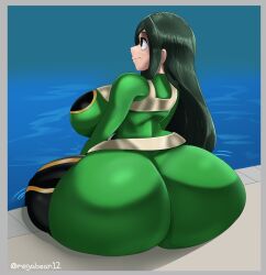 1girl absurd_res ass_focus asui_tsuyu back_view big_ass big_breasts bodysuit boku_no_hero_academia fully_clothed green_hair hero_outfit_(mha) high_resolution highres huge_ass large_ass large_breasts long_hair my_hero_academia omegabean outside pool poolside simple_background snatched_waist solo thick_body thick_thighs thin_waist tsuyu_asui voluptuous voluptuous_female water wide_hips
