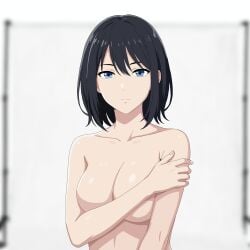 1girls black_hair blue_eyes completely_nude covered_nipples covering_breasts expressionless gravure ibispaintx medium_hair naked_female no_nipples nude nude_female photoshoot short_hair solo_female solo_focus