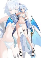 1girl absurdres belly belly_button bikini blue_eyes blue_hair blue_wings breasts cerydra_(honkai:_star_rail) collarbone commentary_request confident crown cute empress female female_focus female_king female_only goddess hand_on_hip higashiwun_izumi highres hips hips_wider_than_shoulders holding holding_scepter honkai:_star_rail honkai_(series) jacket king long_hair looking_at_viewer medium_breasts medium_hair navel pattern_hair posing queen royalty sandals scepter small_breasts smile solo stomach swimsuit thigh_strap toes white_background white_bikini white_hair white_jacket wings zoom_layer