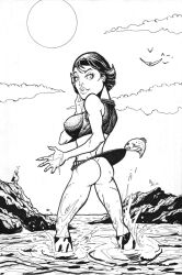 aquagirl aquaman_(series) ass ass_focus assisted_exposure big_breasts birds black_and_white breasts butt butt_focus dc dc_comics dc_silver_age fish in_water monochrome no_panties presidentnelson rocks skinny skinny_female skinny_girl skirt skirt_lift sky surprised surprised_expression tula_(dc) water