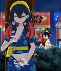 1boy 1girl bag bar_censor bite_mark bite_mark_on_neck blue_shirt blue_shorts breath bush candy_apple carmine_(pokemon) censored closed_eyes clothes_pull collarbone commentary_request fanny_pack female_masturbation female_pubic_hair fingering food hair_between_eyes hairband highres kieran_(pokemon) long_hair masturbation multicolored_hair night nipples one_breast_out open_mouth outdoors pokemon pokemon_scarlet_and_violet pubic_hair public_indecency public_masturbation shirt shorts shorts_pull simesaba_(xwdt4337) sky standing_masturbation stealth_masturbation sweat tree two-tone_hair vaginal yellow_bag yellow_hairband zipper_pull_tab