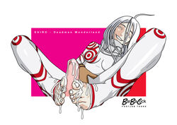 albino barbacock closed_eyes cum cum_between_toes cum_on_feet cum_on_toes deadman_wonderland feet female foot_fetish foot_focus footjob male pale-skinned_female pale_skin penis red_eyes shiro_(deadman_wonderland) toes white_hair white_skin