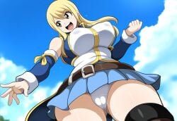 ai_generated blonde_female blonde_hair cameltoe covered_nipples fairy_tail female from_below large_breasts low-angle_view lucy_heartfilia mullon novelai panties pussy