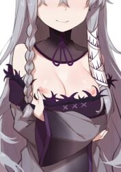 alternate_costume alternate_hairstyle arms_under_breasts breast_grab breasts_out eyes_out_of_frame female female_focus grabbing_own_breast highres long_hair melinda_(re:zero) morisobo re:zero_kara_hajimeru_isekai_seikatsu self_fondle silver_hair simple_background white_background