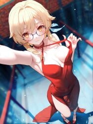 absurd_res ai_generated cellphone dress elegant_dress genshin_impact glasses lumine_(genshin_impact) medium_breasts ministro nipples nipples_visible_through_clothing no_bra selfie solo