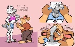 anthro balls bodily_fluids body_worship bottomwear bulge clock clothed clothing comic critterdome crop_top denim denim_bottomwear denim_clothing denim_shorts duo ear_piercing ear_ring english_text equid equine erection fellatio genital_worship genitals hi_res hooves lagomorph leporid licking male male/male mammal midriff narrowed_eyes open_bottomwear open_clothing open_shorts oral overweight overweight_anthro overweight_male penile penis penis_lick penis_worship piercing rabbit ring_piercing saliva saliva_on_penis saliva_on_tongue sex shirt shorts slim_anthro slim_male tank_top text tongue topwear watch zebra