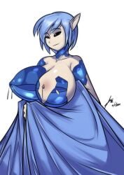 big_breasts black_eyes blue_hair breasts_bigger_than_head cloak crystal crystals dress elf exposed_breasts female_only gem gems lactating lactation leaking_milk long_ears magic_crystal milk no_bra petrification pointy_ears robe sexualyeti short_hair solo solo_female solo_focus transformation transformation_sequence white_background