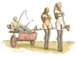 1boy 2girls bondage cart dildo dildo_in_ass dildo_in_pussy erenisch gag high_heels ponygirl ponygirls ponyplay ponytail slave_collar whip