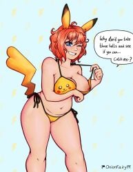 1female 1girls bare_shoulders big_breasts blue_eyes breasts cleavage doki_doki_literature_club english_text female_focus navel nintendo nip_slip nipple_slip onionfairy99 onionfairylewds pikachu_(cosplay) pokemon sayori_(doki_doki_literature_club) text