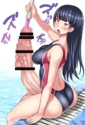 bar_censor bosshi censored erection futanari heart-shaped_pupils open_mouth penis swimsuit testicles tongue_out urethral_insertion