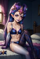 ai_generated blue_eyes blue_hair bra elbow_gloves gloves hair_ornament heterochromia league_of_legends lingerie lipstick long_hair multicolored_hair panties pink_eyes purple_hair riot_games star_guardian_series star_guardian_zoe thighhighs zoe_(league_of_legends)