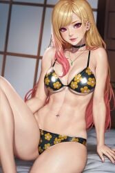 1girls belly_button belly_piercing bikini bikini_bottom bikini_strap bikini_strings bikini_top black_bikini black_bra black_choker black_panties blonde_hair boobs_pressed breasts breasts_pressed choker cleavage dyed-hair dyed_hair ear_piercing female female_only flower_bikini flower_bra flower_panties flower_pattern gyaru hand_on_bed hand_on_thigh hands_on_bed highlights hips huge_breasts kitagawa_marin knee_up leaning_back leg_up lips long_fingernails long_hair long_nails looking_at_viewer necklace neoartcore painted_fingernails painted_nails pink_fingernail_polish pink_fingernails pink_nail_polish pink_nails red_eyes red_highlights shiny_bikini shiny_body shiny_breasts shiny_hair shiny_skin sitting sitting_on_bed slim_waist smile smiling smiling_at_viewer sono_bisque_doll_wa_koi_wo_suru thicc_thighs thick_boobs thick_breasts thick_legs thick_thighs thigh_gap thighs tight_bikini tight_bra wide_hips