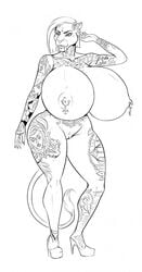 anthro big_breasts breasts facial_piercing fagjag feline female huge_breasts hyper hyper_breasts mammal monochrome nipple_piercing nipples penny_dreadful piercing pussy sabertooth_(disambiguation) solo tattoo