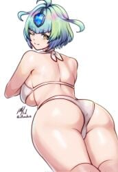 ;) alternate_costume ass back bare_shoulders bikini breasts closed_mouth female fire_emblem fire_emblem_heroes gradient_hair green_hair grey_hair halterneck highres large_breasts looking_at_viewer looking_back lying multicolored_hair on_stomach one_eye_closed purple_hair rotomdocs seidr_(fire_emblem) short_hair sideboob skindentation smile solo string_bikini swimsuit the_pose twitter_username underboob white_background white_bikini yellow_eyes