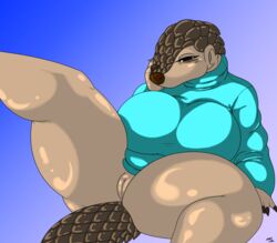 anthro ass big_breasts blush bottomless breasts claws clothed clothing eyelashes female grace_(thepainfultruth) huge_breasts mammal mature_female pangolin presenting pussy scales simple_background slightly_chubby solo spreading sweater thepainfultruth thick_thighs turtleneck wide_hips