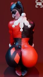 3d absurd_res amac145 ass_focus dc_comics harley_quinn_(classic) harley_quinn_(injustice) jester_costume kneeling looking_at_viewer pinup self_upload