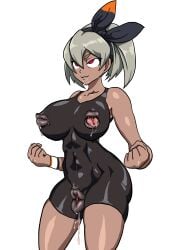 1girls bea_(pokemon) color colored dark-skinned_female dark_skin female female_only lipples lips mouth_nipples mouth_pussy nikunigushii one_piece_swimsuit pokemon pokemon_ss red_eyes saliva saliva_drip simple_background skinsuit solo solo_female swimsuit tongue_piercing