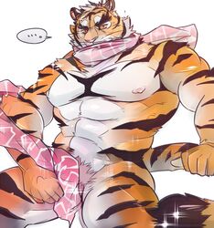 2019 abs anthro biceps feline fur hi_res male male_only mammal muscular muscular_male otyatora_r pantherine pecs scarf solo stripes tiger