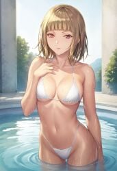 ai_generated bikini blonde_female blonde_hair breasts drag-on_dragoon_3 drakengard_3 female female_only medium_breasts one_(drag-on_dragoon) one_(drakengard) outdoors partially_submerged pool red_eyes short_hair thighs wet wet_pussy white_bikini