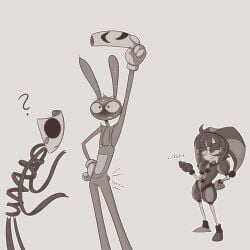 4_fingers absurd_res animate_inanimate annoyed anthro blush bodily_fluids clicking confusion controller female fingers gangle_(tadc) gangle_(the_amazing_digital_circus) glitch_productions group hand_on_hip hi_res holding_object humanoid jax_(tadc) jax_(the_amazing_digital_circus) kinktober kinktober_2025 lagomorph leporid male male_penetrated mammal mask pomni pomni_(tadc) pomni_(the_amazing_digital_circus) rabbit remote_control remote_controlled_vibrator screaming_alice shaking shivering sound_effects surprised sweat sweatdrop tears the_amazing_digital_circus trio vibrating