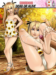 blonde_hair blue_eyes cum cum_on_leg dead_or_alive feet female foot_fetish foot_focus footjob hand_on_hip male marie_rose nail_polish painted_nails penis rankerhen soles solo toes twintails yellow_nail_polish yellow_nails