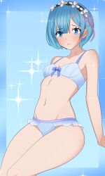 bikini blue_eyes blue_hair hair hair_ornament hair_ribbon krejzart lingerie lingerie_bra lingerie_only lingerie_panties re:zero_kara_hajimeru_isekai_seikatsu rem_(re:zero) short_hair small_breasts thick_thighs