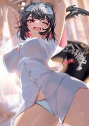 arms_up bangs black_hair blurry blurry_background blurry_foreground blush breasts cowboy_shot depth_of_field ellen_joe eyebrows_visible_through_hair fangs female hairband indoors large_breasts looking_at_viewer multicolored_hair oerba_yun_fang one_eye_closed open_mouth panties red_eyes see-through shirt short_hair short_sleeves solo squchan streaked_hair stretch thighs underwear white_panties white_shirt wings