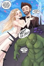 1girls 2boys big_breasts big_penis blonde_hair brown_hair closed_eyes comic commission dialogue english english_text female ghoulmommie green_skin imminent_cheating jojo_reference light_skin male married_couple muscular muscular_male one_eye_closed orc original original_character veiny_penis wedding_dress