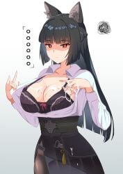 ... absurdres animal_ear_fluff animal_ears bernardo_(ggpa8423) black_hair black_skirt blunt_bangs breasts cleavage closed_mouth collarbone cowboy_shot cum cum_on_body female fox_ears fox_girl high-waist_skirt highres hoshimi_miyabi long_hair looking_at_viewer paid_reward_available red_eyes shirt sidelocks skirt solo variant_set white_shirt zenless_zone_zero