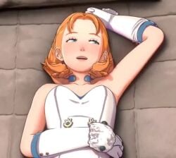 1girls animated annette_fantine_dominic arm_up armpits blue_choker blue_eyes blush breasts choker clothed_sex collarbone covering_own_eyes english_commentary fire_emblem fire_emblem:_three_houses full-face_blush gloves half-closed_eyes implied_sex long_hair looking_at_viewer looking_to_the_side lying no_sound on_back open_mouth orange_hair overused23 pov small_breasts strapless tagme video white_gloves