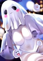 <o>_<o> breasts covered_navel dark_skin dress female ghost jack-o'-lantern looking_at_viewer navel night night_sky open_mouth outdoors see-through sky smile solo space squchan standing star_(sky) starry_sky tagme_(character) tongue white_dress